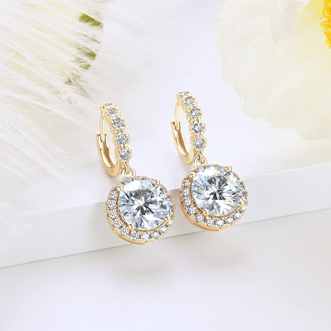 ONE PAIR:18K Gold Plated in 925 Sterling Silver Huggie Hoop Earrings Dangle Drop Earrings HIGH QUALITY MOISSANITE DIAMOND Brilliant ROUND Cut 6ct (9mm/3ct*2)