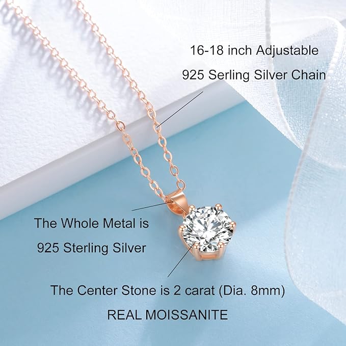 ONE : 💎Pendant Necklace 💎 MOISSANITE DIAMOND Style: Solitaire(18K ROSE Gold) OVER 925 Sterling Silver Necklace) 2CT D Color VVS1 Clarity