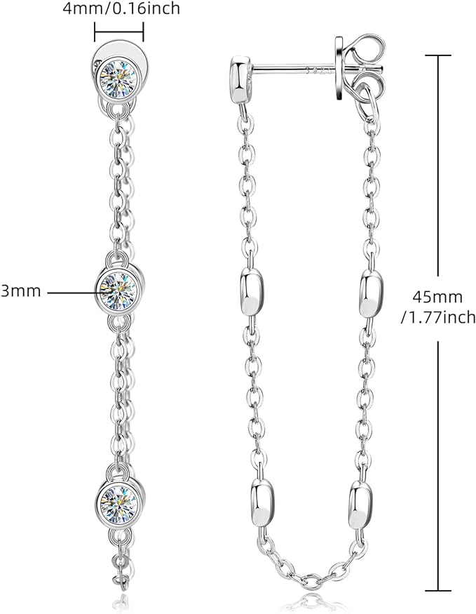 ONE PAIR: Dangle Chain Earrings 925 Sterling Silver 18K WHITE GOLD PLATED Drop Stud Earrings, HIGH QUALITY MOISSANITE Diamonds  GRA Certificate