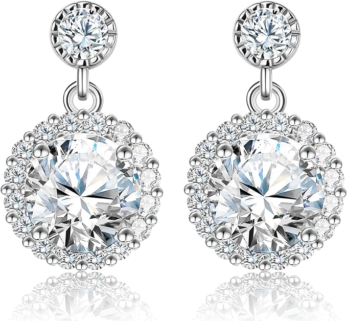 ONE PAIR: 925 Sterling Silver STUD DROP MOISSANITE Earrings  Brilliant ROUND CUT HIGH QUALITY MOISSANITE DIAMOND 18 K White Gold Plated