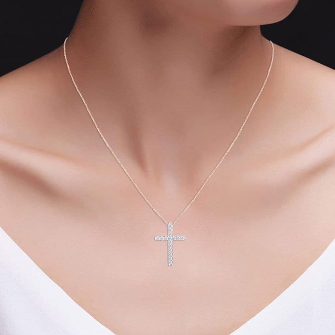 ONE :💎Pendant Cross Necklace💎MOISSANITE DIAMOND 14k ROSE GOLD PLATED OVER 925 STERLNG SILVER