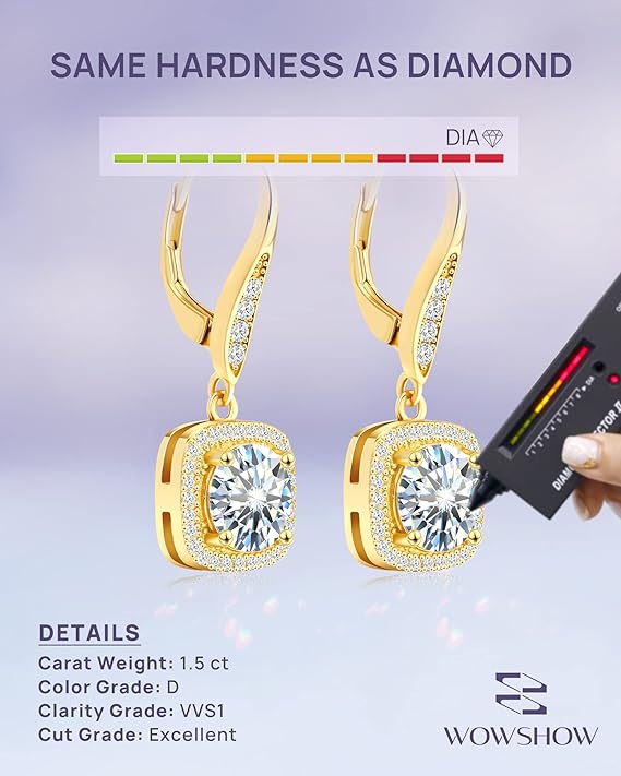 ONE PAIR: 18K Gold Plated in 925 Sterling Silver Dangle Earrings Leverback Drop Earrings  Color  Brilliant Round Cut HIGH QUALITY MOISSANITE DIAMOND 3.0 Carats-(1.5ct*2)-7.5mm