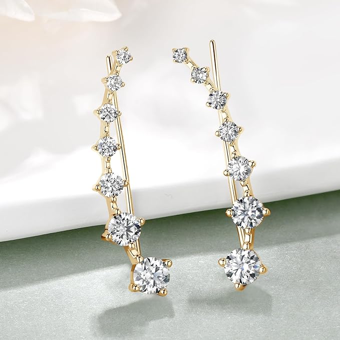 ONE PAIR: MOISSANITE Diamond Earrings, for Women 7 MOISSANITE Diamonds Ear Cuffs Crawler Earring 925 Sterling Silver Hypoallergenic Lab Diamond Climber Earrings Jewelry Gifts, Yellow Gold