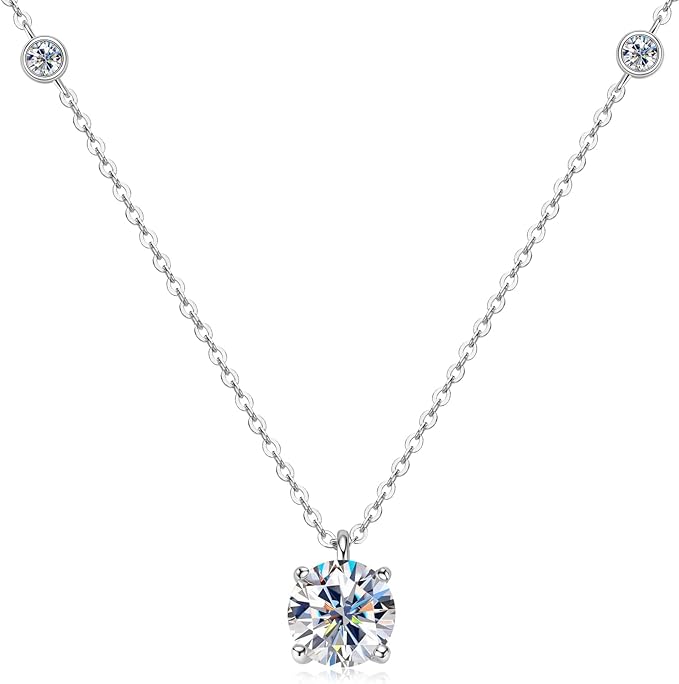 ONE : 💎Pendant Necklace 💎 MOISSANITE DIAMOND Style: Four-Claw Station-2CT (18K White Gold) OVER 925 Sterling Silver Necklace) D Color VVS1 Clarity