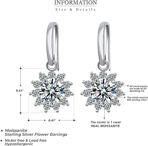 ONE PAIR: 925 Sterling Silver MOISSANITE DROP DANGLE Earrings HIGH QUALITY MOISSANITE DIAMOND Brilliant ROUND CUT