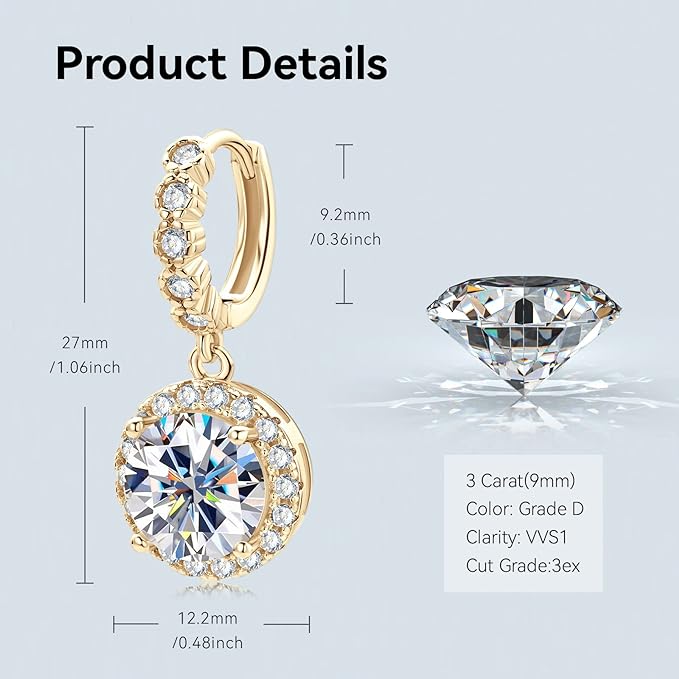 ONE PAIR:18K Gold Plated in 925 Sterling Silver Huggie Hoop Earrings Dangle Drop Earrings HIGH QUALITY MOISSANITE DIAMOND Brilliant ROUND Cut 6ct (9mm/3ct*2)