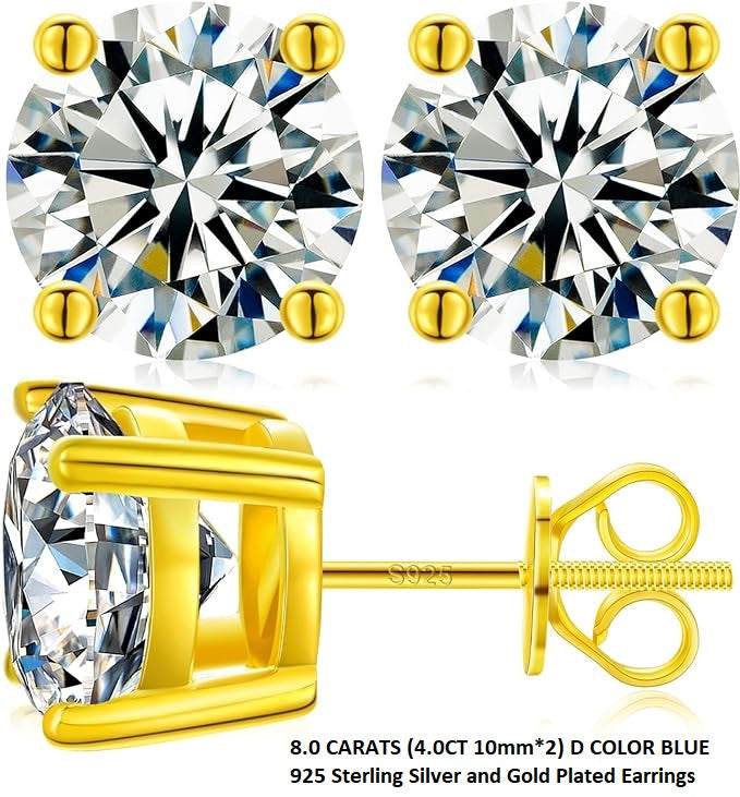 ONE PAIR: of Earrings 8.0 CARATS (4.0CT 10mm*2) D COLOR Blue HIGH QUALITY MOISSANITE DIAMOND EARRINGS SCREW BACK 925 Sterling Silver and Gold Plated