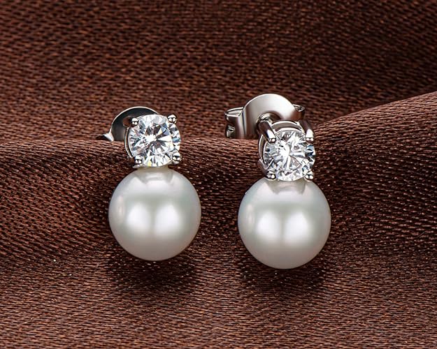 ONE PAIR:  Elegant Freshwater Cultured White 6.5-7 mm Pearl Drop Stud Earrings MOISSANITE DIAMONDS D Color VVS1 Clarity Brilliant Silver