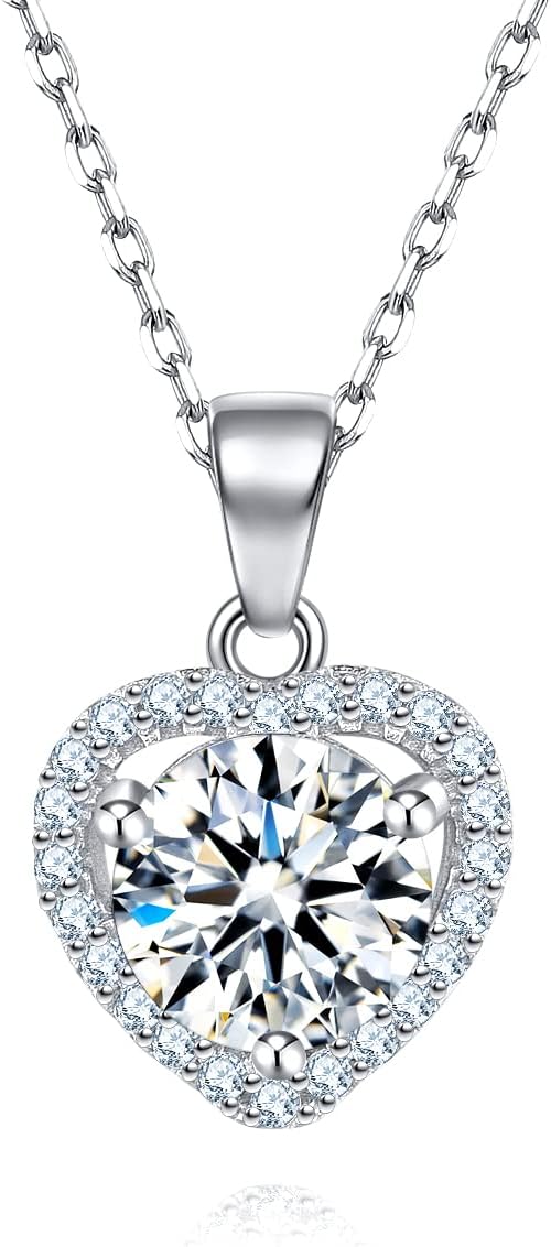 ONE : 💎Pendant Necklace 💎 MOISSANITE DIAMOND Style: HALO HEART (18K WHITE Gold) OVER 925 Sterling Silver Necklace) D Color VVS1 Clarity 6 PRONG 2CT