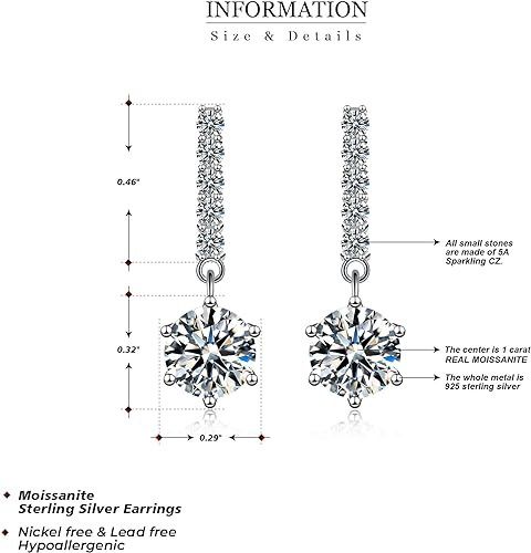 ONE PAIR: 925 Sterling Silver MOISSANITE DROP Earrings HIGH QUALITY MOISSANITE DIAMOND Brilliant ROUND CUT