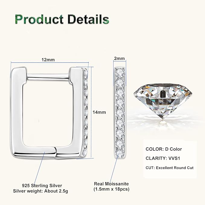 ONE PAIR: Gorgeous HOOP EARRINGS MOISSANITE DIAMONDS D Color VVS1 Clarity Brilliant Square Earrings 925 Sterling Silver 14K Gold Plated