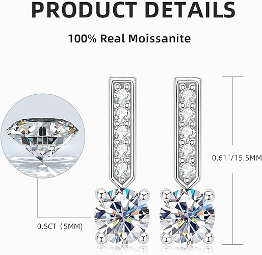 ONE PAIR: 925 Sterling Silver DROP MOISSANITE Earrings  Brilliant ROUND CUT Color: Total 1CT - White Gold Short HIGH QUALITY MOISSANITE DIAMOND 18 K White Gold Plated