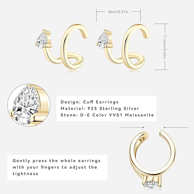 ONE PAIR: Ear Cuff Earrings, MOISSANITE Diamonds 18K YELLOW GOLD PLATED OVER 925 Sterling Silver, Comes With A GRA Certificate.