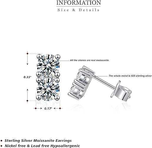 ONE PAIR: 925 Sterling Silver MOISSANITE Earrings HIGH QUALITY MOISSANITE DIAMOND Brilliant ROUND CUT