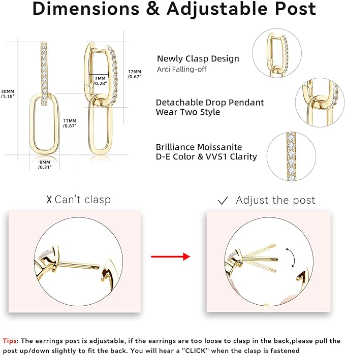 ONE PAIR: 925 Sterling Silver MOISSANITE Convertible Link Dangle Earrings Paperclip Link Chain Rectangle Drop Earrings, D-E Color Hypoallergenic, Jewelry Box Packed Brilliant ROUND CUT HIGH QUALITY MOISSANITE DIAMONDS 18K White Yellow Gold Plated