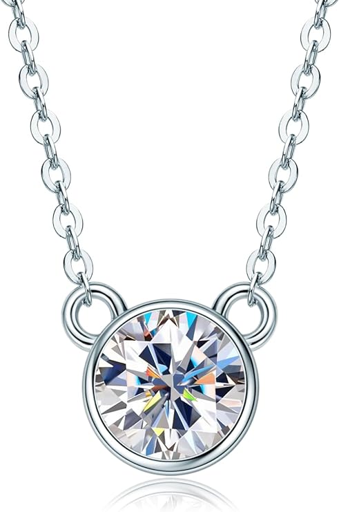 ONE : 💎Pendant Necklace 💎 MOISSANITE DIAMOND Style: Bezel Round (18K White Gold) OVER 925 Sterling Silver Necklace)-2CT Cut D Color VVS1 Clarity