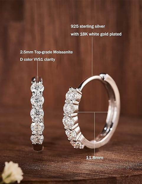 ONE PAIR: Hoop Earrings,925 Sterling Silver with 18K White Gold Plated HIGH QUALITY MOISSANITE DIAMONDS 12.8mm 1.15 Carat/Pair D color and VVS1 Clarity