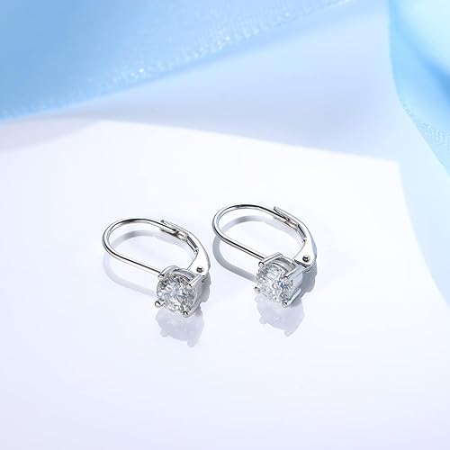 ONE PAIR: 18K White Gold 925 Sterling Silver Dangle Earrings Leverback Drop Earrings  Color  Brilliant Round Cut HIGH QUALITY MOISSANITE DIAMOND 2.0 carats(1.0ct*2)