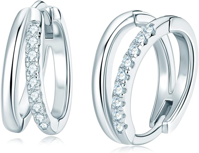 ONE PAIR: DOUBLE HOOP EARRINGS for ONE HOLE color grade D-E, Mohs Scales Hardness 9.25, DEW 2.34 CT.  HIGH QUALITY MOISSANITE Diamonds 18K White Gold PLATED 925 Sterling Silver Total GRA Certificate