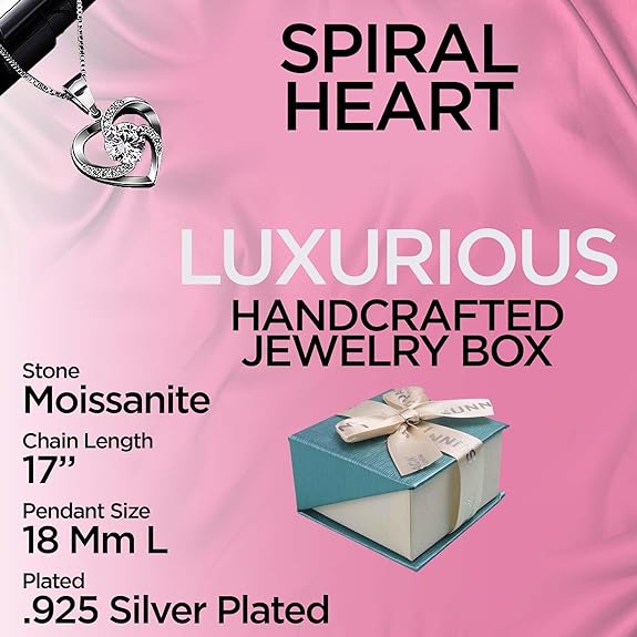 ONE : 💎Pendant Heart Necklace 💎 MOISSANITE DIAMOND Style: Spiral Heart Cut D Color VVS1 Clarity 14K White Gold Plated OVER 925 Sterling Silver Necklace