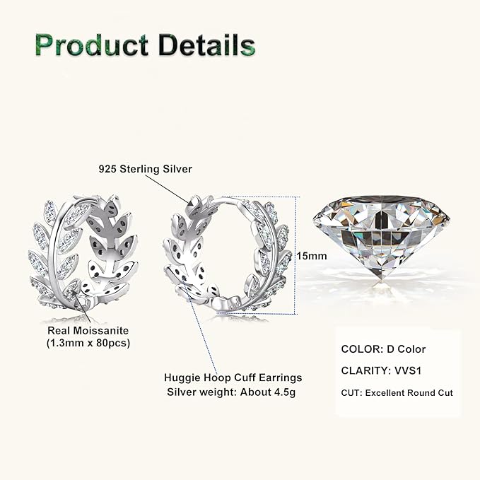 ONE PAIR: Gorgeous HOOP EARRINGS MOISSANITE DIAMONDS D Color VVS1 Clarity Brilliant Earrings 925 Sterling Silver 18K WHITE Gold Plated