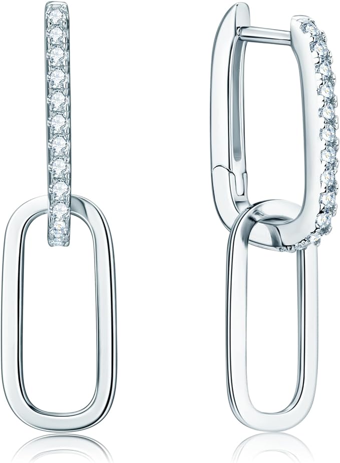 ONE PAIR: 925 Sterling Silver MOISSANITE Convertible Link Dangle Earrings Paperclip Link Chain Rectangle Drop Earrings, D-E Color Hypoallergenic, Jewelry Box Packed Brilliant ROUND CUT HIGH QUALITY MOISSANITE DIAMONDS 18K White Gold Plated