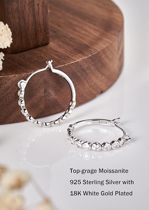 ONE PAIR: Hoop Earrings Cuff 925 Sterling Silver with 18K White Gold Plated HIGH QUALITY MOISSANITE DIAMOND EARRINGS