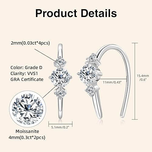 ONE PAIR: 925 Sterling Silver MOISSANITE Earrings HIGH QUALITY MOISSANITE DIAMOND Brilliant ROUND CUT Color: 4MM-Open Hoops-Silver