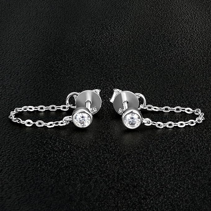 ONE PAIR: Dangle Chain Earrings 925 Sterling Silver Drop Stud Earrings, HIGH QUALITY MOISSANITE Diamonds  GRA Certificate