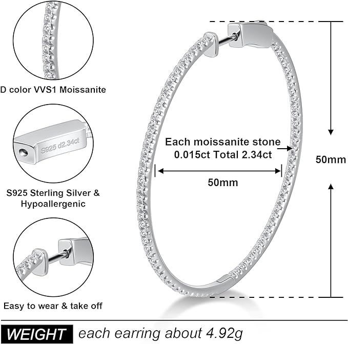 ONE PAIR: MOISSANITE Hoop Earrings for Women S925 Sterling Silver D Color VVS1 Round Cut Lab Created MOISSANITE Earrings Inside Out Round Loops Earrings Hypoallergenic Large Huggie Hoop Earrings  Color: 2.34ct