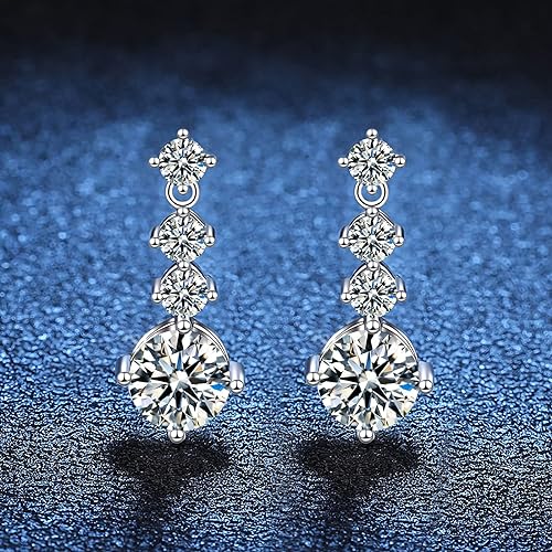ONE PAIR: 925 Sterling Silver MOISSANITE DROP Earrings HIGH QUALITY MOISSANITE DIAMOND Brilliant ROUND CUT