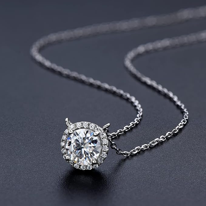 ONE : 💎Pendant Necklace 💎 MOISSANITE DIAMOND Style: Round Halo-1CT (18K White Gold) OVER 925 Sterling Silver Necklace) D Color VVS1 Clarity