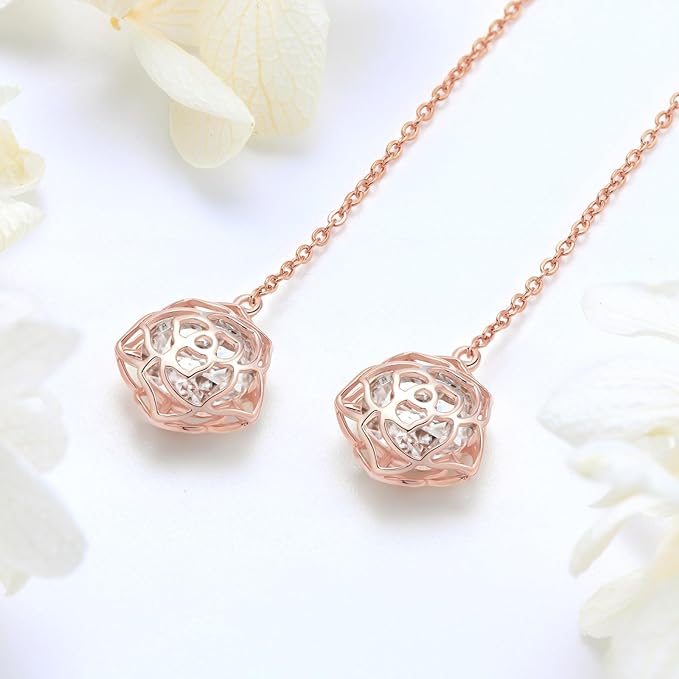 ONE PAIR: MOISSANITE Threader Earrings, Princess Round Cut 0.8-4CT D-E Color MOISSANITE, 18K Gold Plated 925 Sterling Silver, Hypoallergenic, Jewelry Box Packed, Gifts for Her  Earrings  Color: Rose Flower-Rose Gold