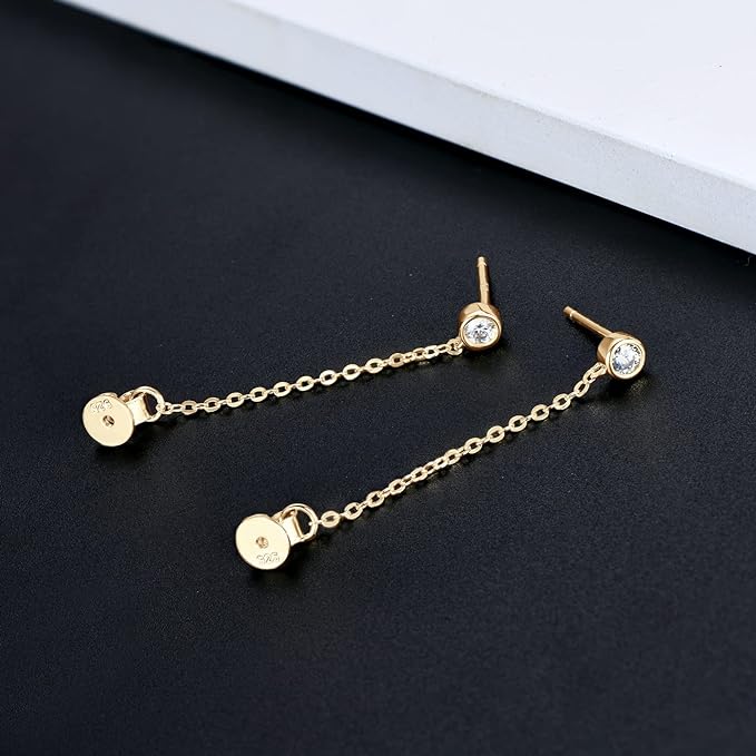 ONE PAIR: Dangle Chain Earrings 925 Sterling Silver 18K GOLD PLATED Drop Stud Earrings, HIGH QUALITY MOISSANITE Diamonds  GRA Certificate