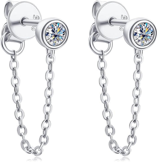 ONE PAIR: Dangle Chain Earrings 925 Sterling Silver Drop Stud Earrings, HIGH QUALITY MOISSANITE Diamonds  GRA Certificate