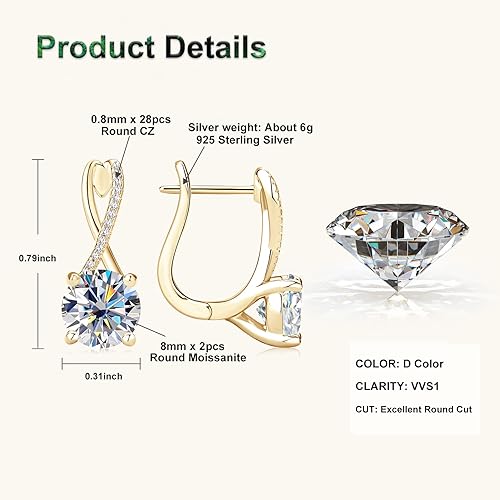 ONE PAIR: 925 Sterling Silver 2CT MOISSANITE Infinity Hoop Earrings for Women, D Color Lab Create Diamond Round Cut Twisted Hoop Earring 18K Gold Plated 925 Sterling Silver with GRA Certificate