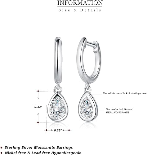 ONE PAIR: 0.5ct-1ct MOISSANITE Drop Dangle Earrings for Women in 925 Sterling Silver, MOISSANIT Hoop Earrings