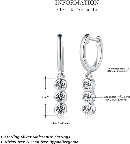 ONE PAIR: 925 Sterling Silver MOISSANITE DROP Earrings HIGH QUALITY MOISSANITE DIAMOND Brilliant ROUND CUT