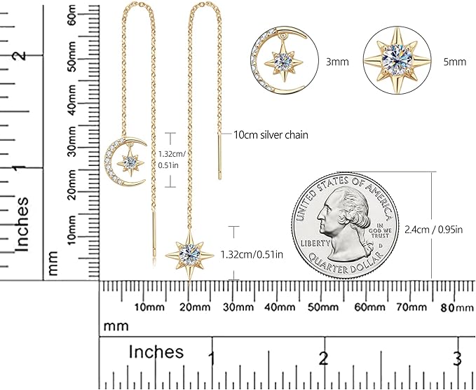 ONE PAIR: MOISSANITE Threader Earrings, Princess Round Cut 0.8-4CT D-E Color MOISSANITE, 18K Gold Plated 925 Sterling Silver, Hypoallergenic, Jewelry Box Packed, Gifts for Her  Earrings  Color: Moon Star-Gold