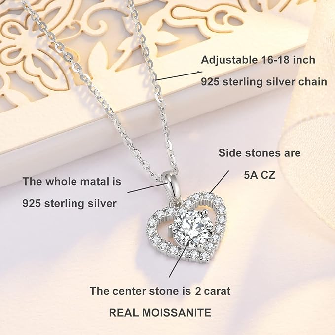 ONE : 💎Pendant HEART Necklace 💎 MOISSANITE DIAMOND Style: (18K White Gold) OVER 925 Sterling Silver Necklace) 2CT D Color VVS1 Clarity