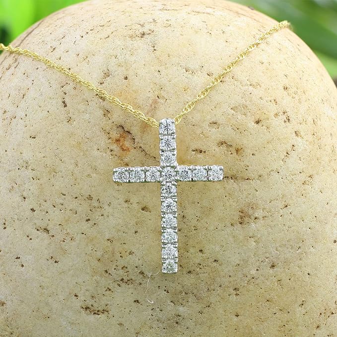 ONE :💎Pendant Cross Necklace💎MOISSANITE DIAMOND 14k YELLOW GOLD PLATED OVER 925 STERLNG SILVER