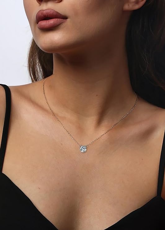 ONE : 💎Pendant Necklace 💎 MOISSANITE DIAMOND Style: Bezel Round (18K White Gold) OVER 925 Sterling Silver Necklace)-2CT Cut D Color VVS1 Clarity