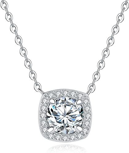 ONE : 💎Pendant Necklace 💎 MOISSANITE DIAMOND 1 Carats D Color VVS1 Clarity 18K Gold Plated OVER 925 Sterling Silver Necklace for Women Style: Square Halo