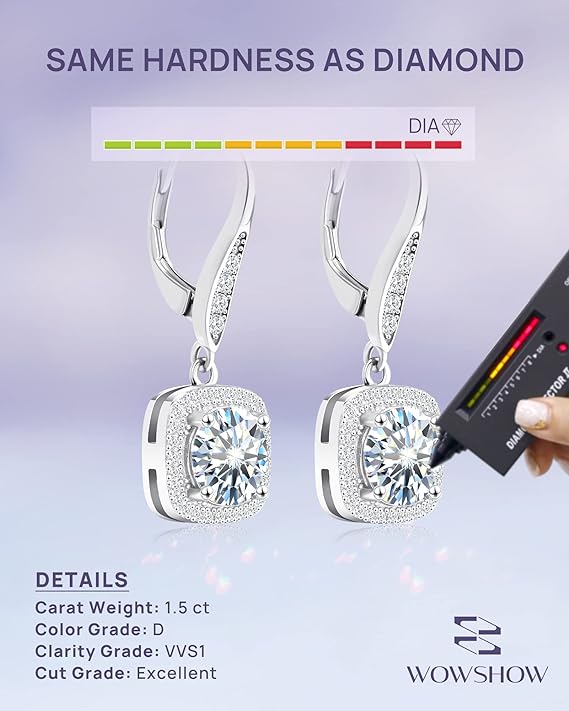 ONE PAIR: 18K White Gold 925 Sterling Silver Dangle Earrings Leverback Drop Earrings  Color  Brilliant Round Cut HIGH QUALITY MOISSANITE DIAMOND 3.0 Carats-(1.5ct*2)-7.5mm