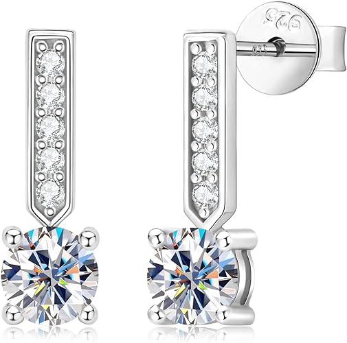 ONE PAIR: 925 Sterling Silver DROP MOISSANITE Earrings  Brilliant ROUND CUT Color: Total 1CT - White Gold Short HIGH QUALITY MOISSANITE DIAMOND 18 K White Gold Plated