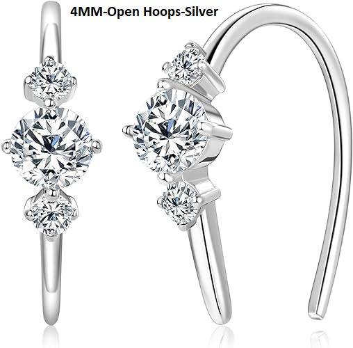 ONE PAIR: 925 Sterling Silver MOISSANITE Earrings HIGH QUALITY MOISSANITE DIAMOND Brilliant ROUND CUT Color: 4MM-Open Hoops-Silver