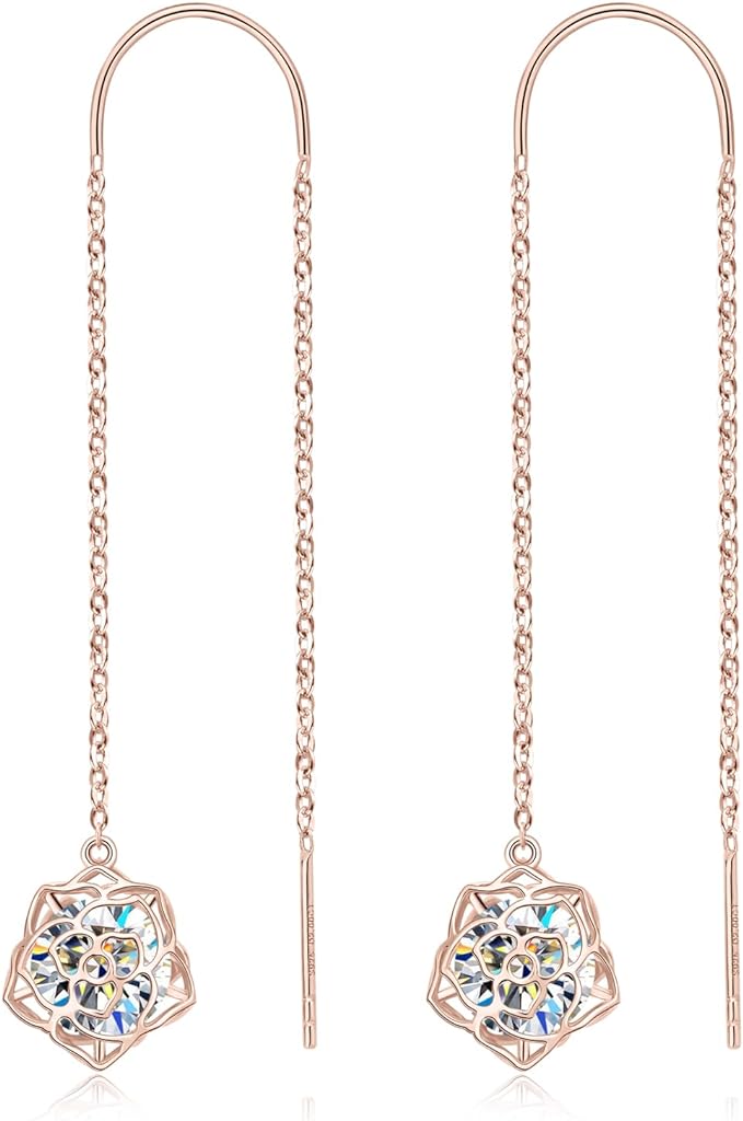 ONE PAIR: MOISSANITE Threader Earrings, Princess Round Cut 0.8-4CT D-E Color MOISSANITE, 18K Gold Plated 925 Sterling Silver, Hypoallergenic, Jewelry Box Packed, Gifts for Her  Earrings  Color: Rose Flower-Rose Gold