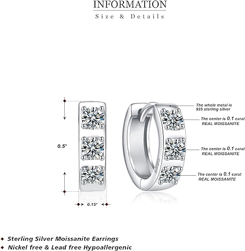 ONE PAIR: 925 Sterling Silver MOISSANITE HOOP Earrings HIGH QUALITY MOISSANITE DIAMOND Brilliant ROUND CUT