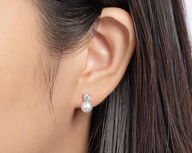 ONE PAIR:  Elegant Freshwater Cultured White 6.5-7 mm Pearl Drop Stud Earrings MOISSANITE DIAMONDS D Color VVS1 Clarity Brilliant Silver