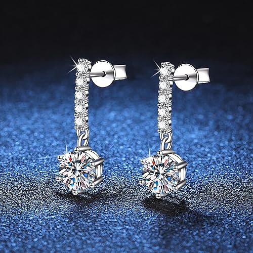 ONE PAIR: 925 Sterling Silver MOISSANITE DROP Earrings HIGH QUALITY MOISSANITE DIAMOND Brilliant ROUND CUT